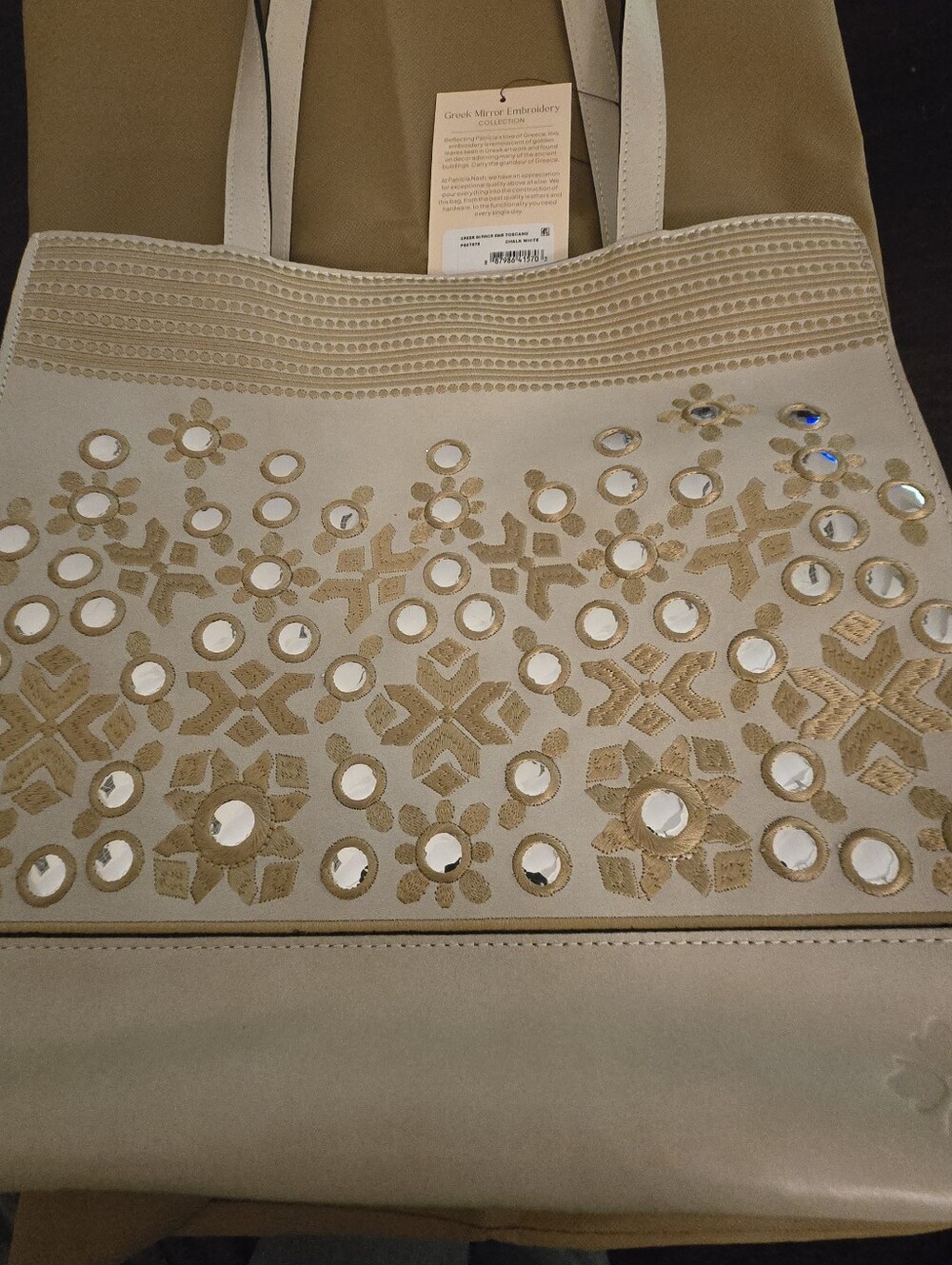 Patricia Nash Greek Mirror Toscano Embroidery Tote, In Chalk White With Gold NWT